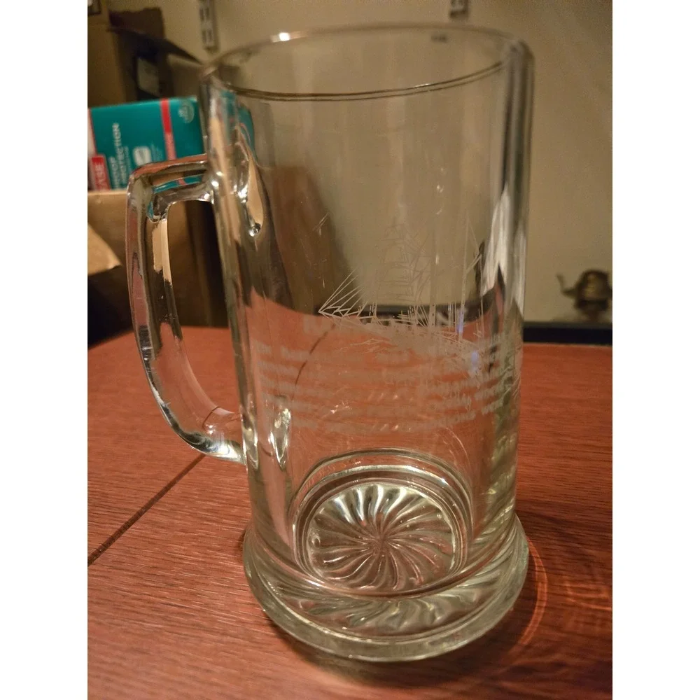 Vintage Barkentine Sailing Ship Etched Glass Beer Mug Nautical Stein Clear‎